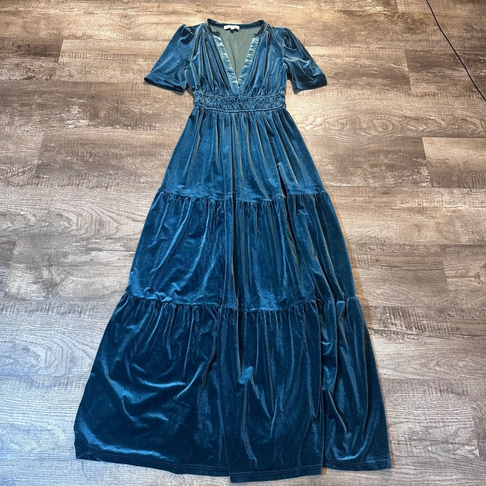 Baltic Born Teal Velvet Tiered Maxi Dress Deep V-Neck Smocked Waist Small